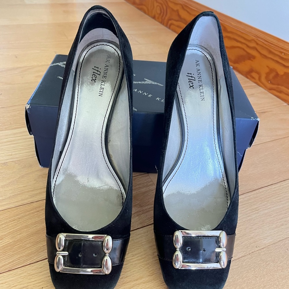 Anne Klein Women's Suede Black Wedges with Silver Faux Toe Buckle